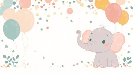 Cute baby elephant with colorful balloons and confetti background