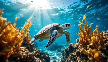 Fototapeta premium Majestic Sea Turtle Gliding Through Turquoise Waters with Sunlight Streaming Through the Surface and coral reef nearby the bottom
