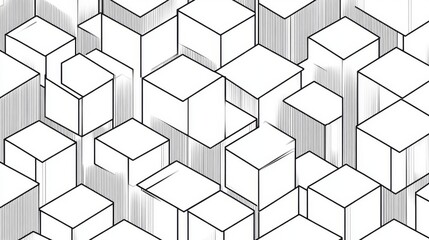 Hand-drawn geometric cube pattern with 3d effect in black and white