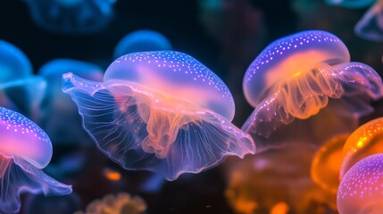 Fototapeta premium Mesmerizing Jellyfish, A Deep Dive into an Underwater Symphony of Bioluminescence and Graceful Motion Captivating Aquatic Elegance