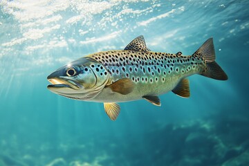 Fototapeta premium Solitary trout swims gracefully in clear blue water with sunlit surface