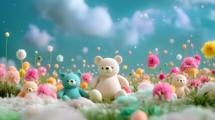 Fototapeta premium Cute Teddy Bears in Pastel Flower Field Spring Dreamscape