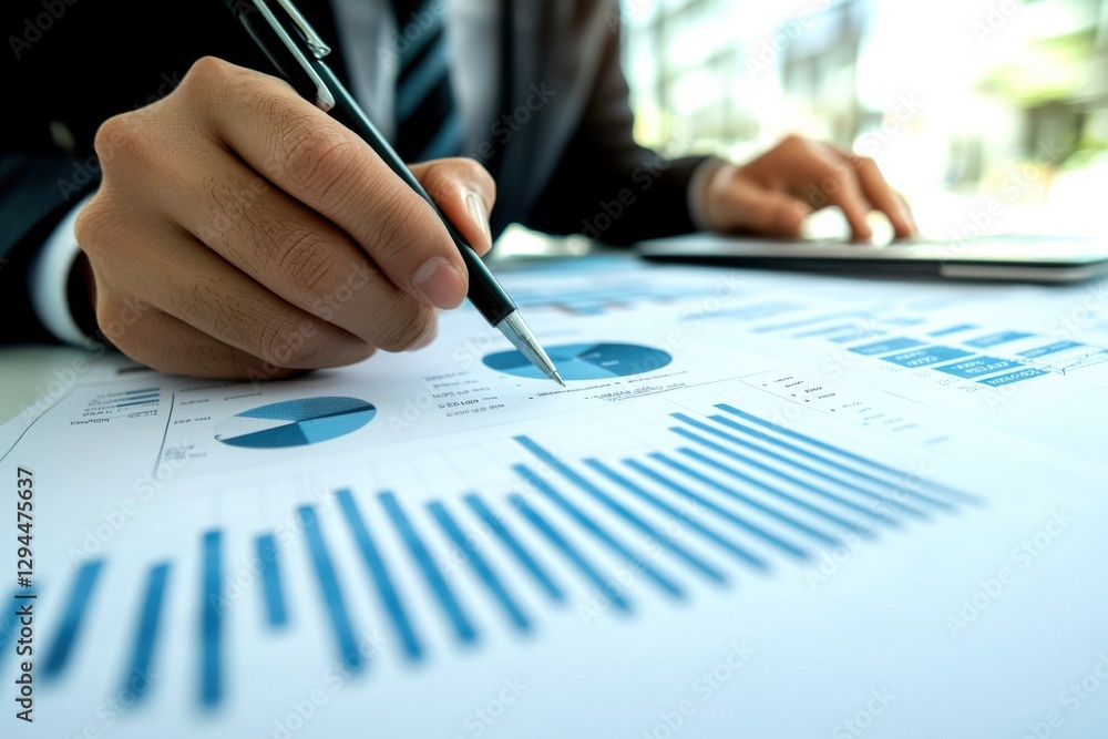 Poster a business professional analyzes financial charts and graphs, using a pen to highlight key data poin