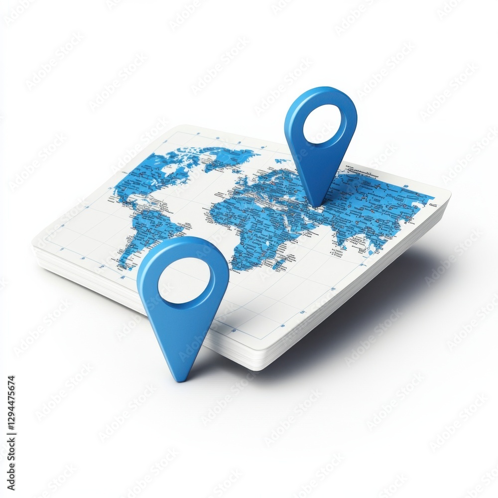 Poster a stylized map with two blue location pins, representing navigation and geographical data.