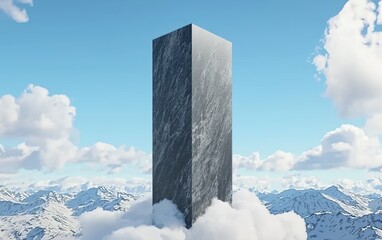 A towering monolith rises amidst clouds and snow-capped mountains under a clear blue sky, evoking a sense of mystery and grandeur.