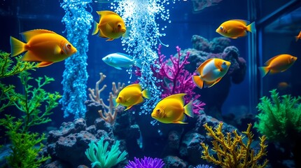 Fototapeta premium Vibrant Underwater World, Golden Fish Swimming in a Colorful Coral Reef Habitat