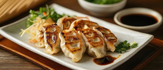 Crispy Pan-Fried Dumplings with Soy Sauce, Fresh Garnishes, and Asian Dipping Sauce – Gourmet Food Photography for Restaurant, Menu, and Culinary Promotions