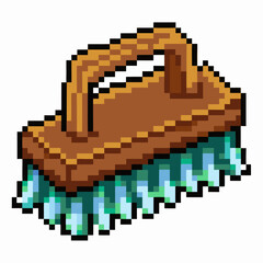 Fototapeta premium Retro Pixel Art Cleaning Brush with Wooden Handle and Green Bristles