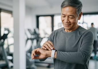 Smiling mature sportsman checking fitness tracker during training at gym