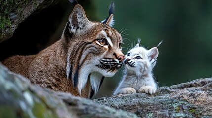 Obraz premium Adorable Lynx Mother and Cub in Wilderness Wildlife Nature Wild Cat Mammal Kitten Fa