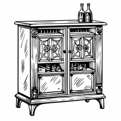 Fototapeta premium Vintage Wooden Cabinet with Glass and Floral Accents in Black and White Illustration