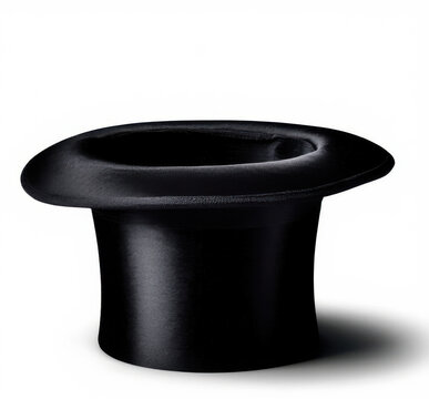 Sombrero chistera, mago, negro de raso o fieltro boca arriba colocado en el centro de la imagen, aislado sobre fondo blanco, primer plano, objeto de magia, truco, moda, elemento sorpresa, abracadabra 