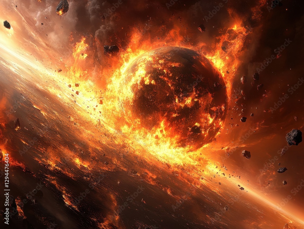 Poster fiery cosmic collision of planet and asteroid field in deep space with dramatic orange glow and expl
