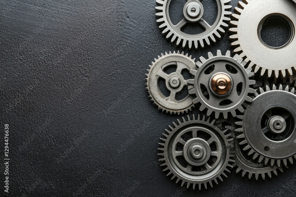 Poster a close-up of various metallic gears arranged on a dark surface, showcasing intricate details and te