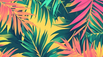Fototapeta premium Vibrant tropical leaves in pink green and yellow abstract background
