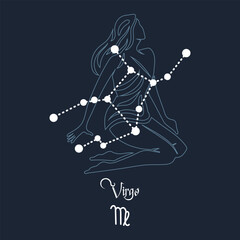 Virgo, constellation and zodiac sign on the background of the cosmic universe. Blue and white design. Illustration © Tatiana