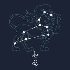 Leo, constellation and zodiac sign on the background of the cosmic universe. Blue and white design. Illustration