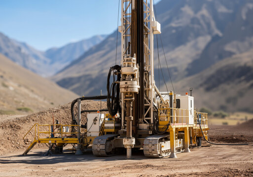 Powerful drilling rig operating in a mountain valley, exploring for valuable resources - Powered by Adobe