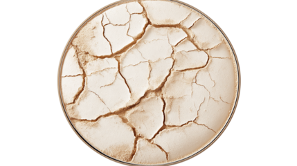 Pressed face powder texture with small cracks and soft beige color, detailed beauty product close-up, isolated on white background, PNG format