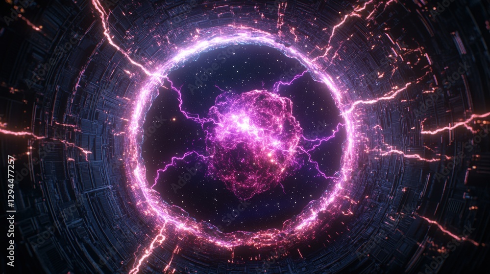 Poster circular image of a purple and blue nebula with a galactic explosion in a hyperspace tunnel