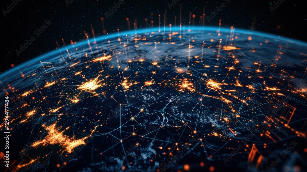 Poster earth from space with global network connection and digital lines representing communication and dat