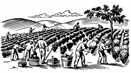 Vintage Agricultural Workers Harvesting Grapes Retro Vineyard Scene in Black and White Vector