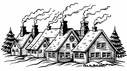 Naklejka premium Cozy Winter Village Illustration with Snowy Cottages and Smoky Chimneys