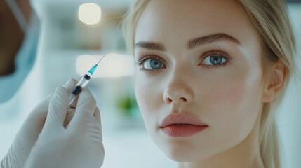 Obraz premium concept eternal youth and beauty, beautiful caucasian young woman on rejuvenation procedure, doctor holding syringe with rejuvenating injection