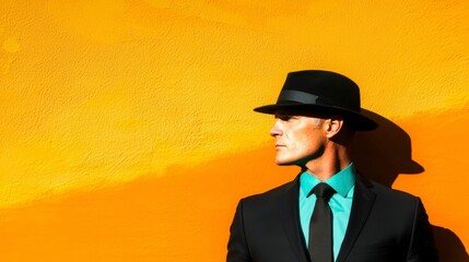 Stylish Man in Fedora  Orange Wall Background  Dramatic Shadow