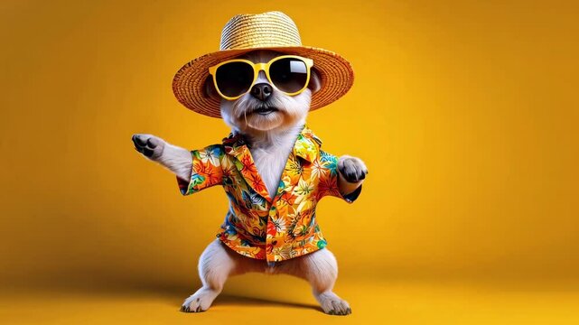 Cute Cartoon Dancing Vacation Summer Dog Wearing Sunglasses, Hat and Hawaiian Shirt on a Yellow Background. Seamless Loop