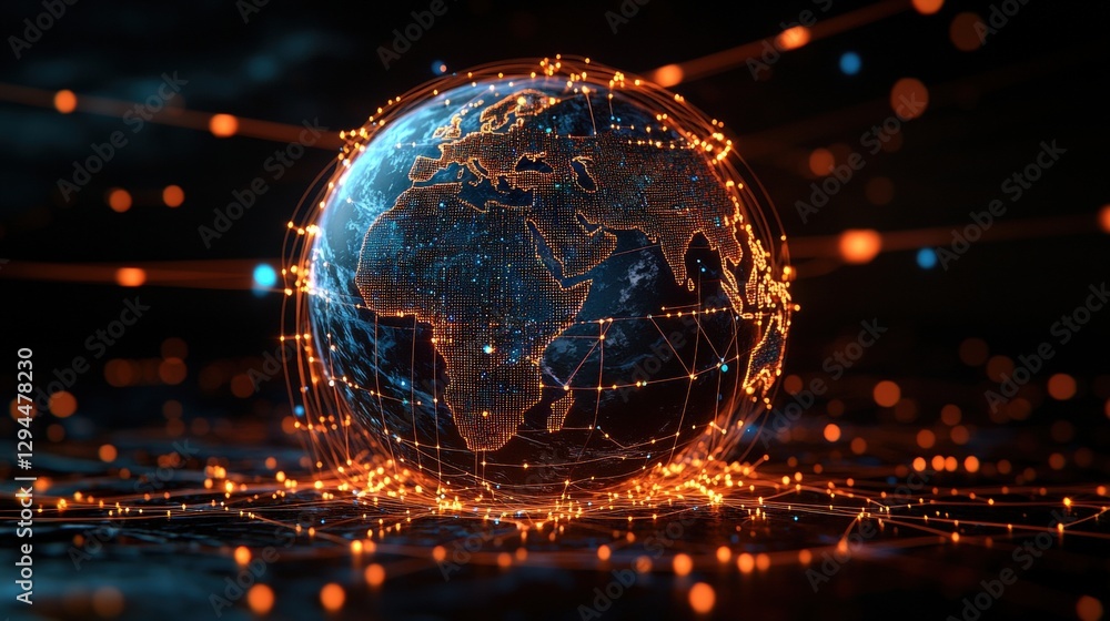 Poster globe with illuminated network connections representing global communication and technological integ