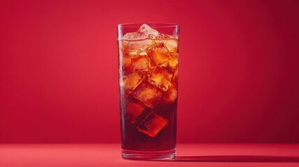 Refreshing cola beverage with ice cubes in tall glass against vibrant red backdrop studio shot