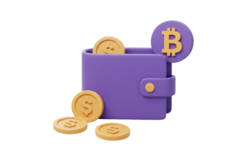 Isolated 3D Render of a Purple Wallet with Bitcoin and Dollar Coins