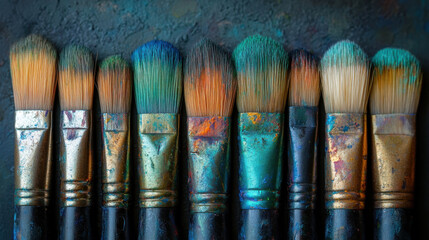 Fototapeta premium row of paintbrushes with green bristles, showcasing vibrant colors and textures. brushes are arranged neatly, reflecting artistic creativity