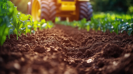 vibrant low angle shot of freshly tilled soil with green crops and tractor in background, showcasing agricultural life