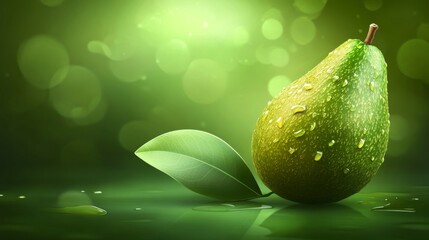Fresh pear with dewy drops and leaf against vibrant green background