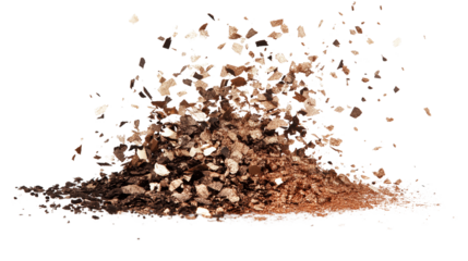 Crushed metallic eyeshadow dust explosion, gold and copper shimmer particles scattered artistically, isolated on white background, PNG format