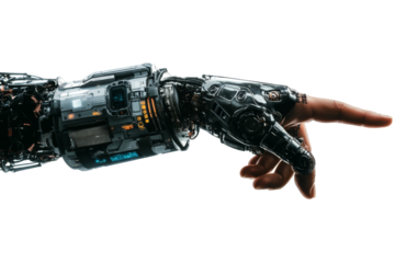 Futuristic robotic hand gesture technology showcase png transparent background white environment close-up view innovation concept