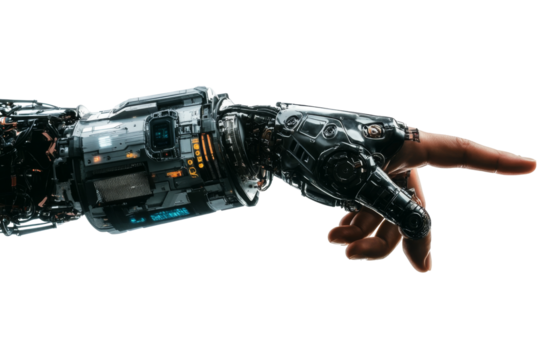 Futuristic robotic hand gesture technology showcase png transparent background white environment close-up view innovation concept