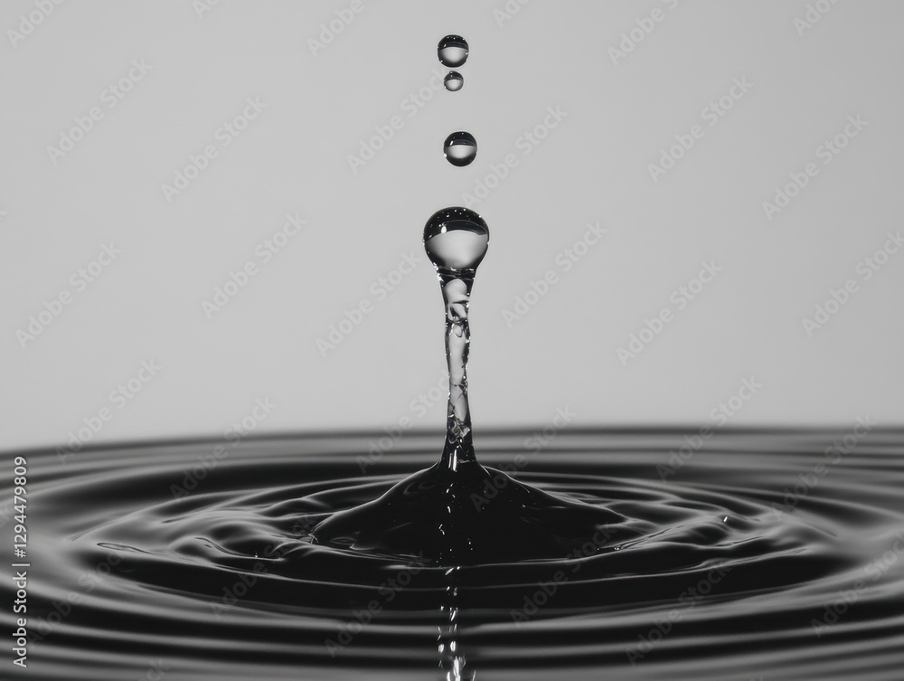 Poster captivating monochrome image showcasing water droplets colliding creating ripples in liquid surface