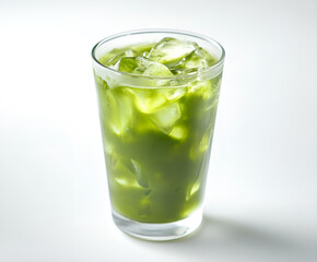 Iced Green matcha tea mixed with ice cube and milk in latte glass on white. Space for text. Close up.