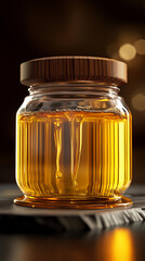 Elegant glass honey jar with wooden lid, golden honey dripping, luxurious presentation, high-detail lighting
