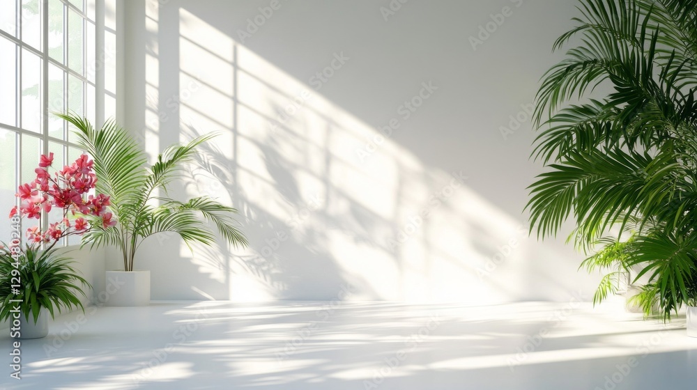 Poster bright sunlight filters through large windows, illuminating a tranquil room adorned with lush green 