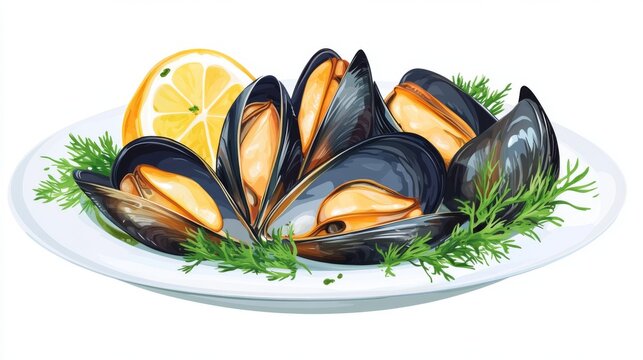 Delicious mussels on plate with lemon and fresh herbs garnish