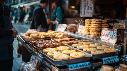  asian street food market tasty treats golden brown cakes hot meal baked sweet fresh local korean