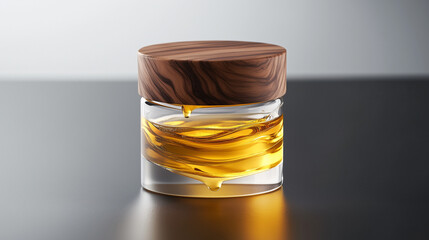 Elegant glass honey jar with wooden lid, golden honey dripping, luxurious presentation, high-detail lighting