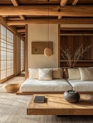A Japanese style living room with wooden beams and furniture