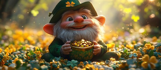 Fototapeta premium Cheerful Gnome with Green Hat Holding a Pot of Gold in a Sunlit Forest