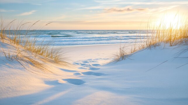 Footprints in the sand lead to the ocean during a warm sunset on a tranquil beach - Powered by Adobe