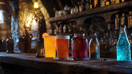 Two sparkling craft beer glasses on rustic wooden bar fantasy tavern setting red ale pub blue dark cozy drink